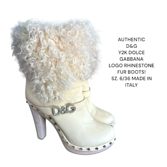 Y2K D&G DOLCE & GABBANA LOGO RHINESTONE FUR LEATHER BOOTS US 6/36 MADE IN ITALY - Picture 1 of 8
